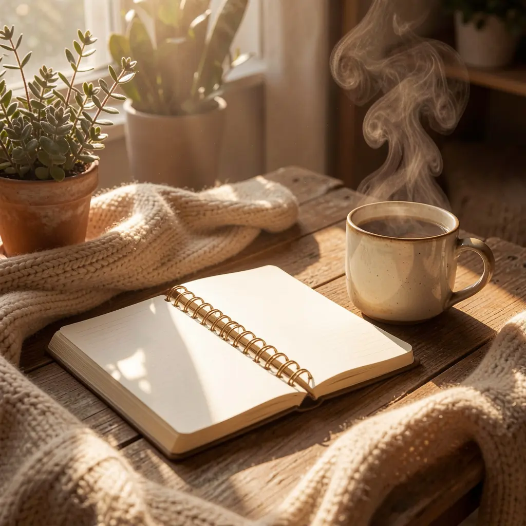 Cozy morning routine setup with journal and coffee